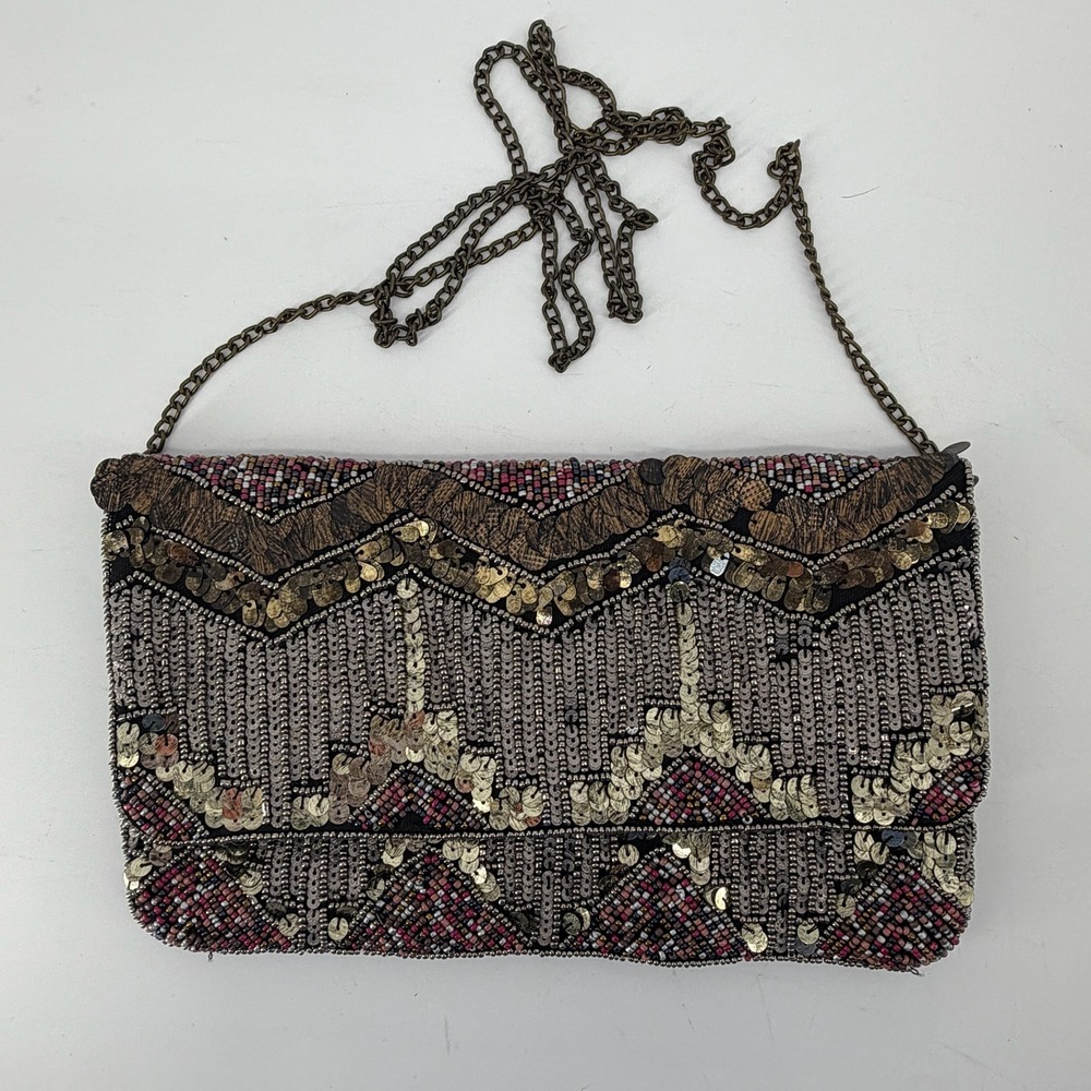 New Look Beaded Sequin Chevron Clutch Bag Bronze Chain Strap Evening Bag
